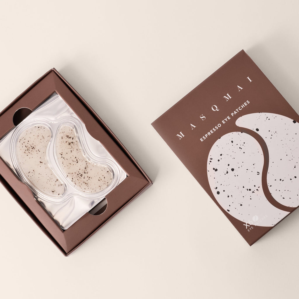 Espresso eye patches in a box with 'MASQMAI' branding